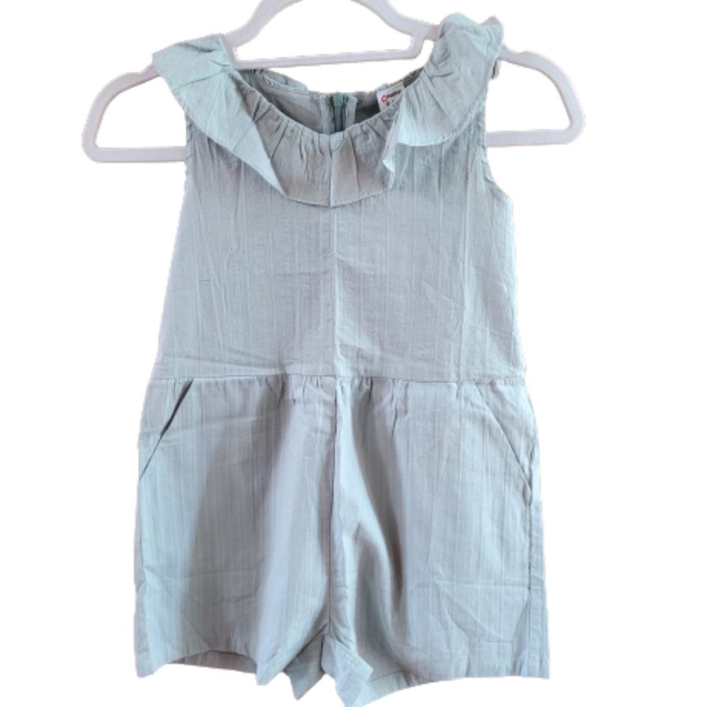 Ruffle Collar Sleeveless Romper  Shorts  Zip-up Back  Cotton  Light Sage  NWT